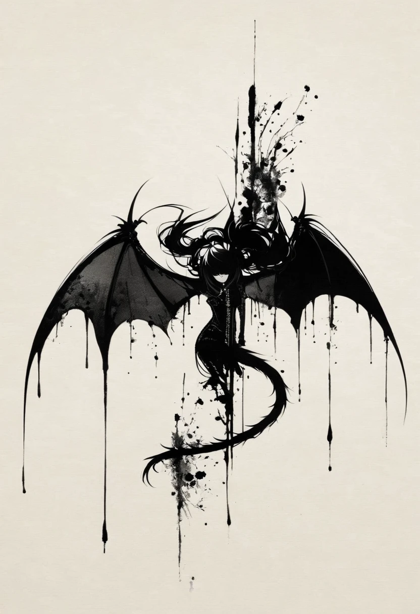 Double tail,Gothic,Minimalism,Black and white painting,Lineism,Lots of white space,Ink Painting