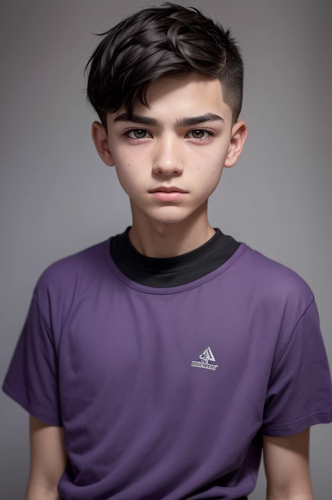 please make a 14 year old boy scratches on both eyebrows, very short short hair with fade, Caucasian skin, in cargo pants,  and purple sneakers, and mostly evil face but not so much