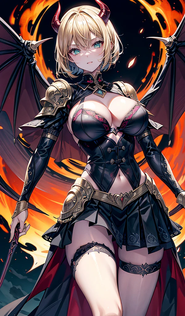 Please follow the all prompts below exactly and faithfully, This is a breathtaking masterpiece of digital illustration, with maximum resolution, UHD, 512K, 2160p, 10 million ppi, 300 million dpi, natural color tones, ultra sharp details, perfect outlines with contrast, ((smooth, soft and clearly and most realistic skin and hair texture)), most beautiful detailed eye features, perfect anatomically correct human body, beautiful background with depth, rule of thirds, depth of field, Maximize all element is used to its full potential to create the best digital illustrations, 1woman, sexy, 25years old, beautiful face sharp, elegant woman, Ultimate perfect body style, beautiful beautiful big breasts, Maximize upturned breasts, green eyes, shiny blonde hair, short hair, bob cut, (eyes visible through hair:1.3), glossy very thick lips, pink lipstick, smile:1.5,
A demon with large, curved horns and bat-like wings. The demon is wearing a vibrant, intricately patterned outfit with a skirt. The outfit features detailed designs with over 20 elements, including swirling flames, mystical symbols, and ornate armor. The demon is armed with a menacing weapon, adding to its fearsome appearance.