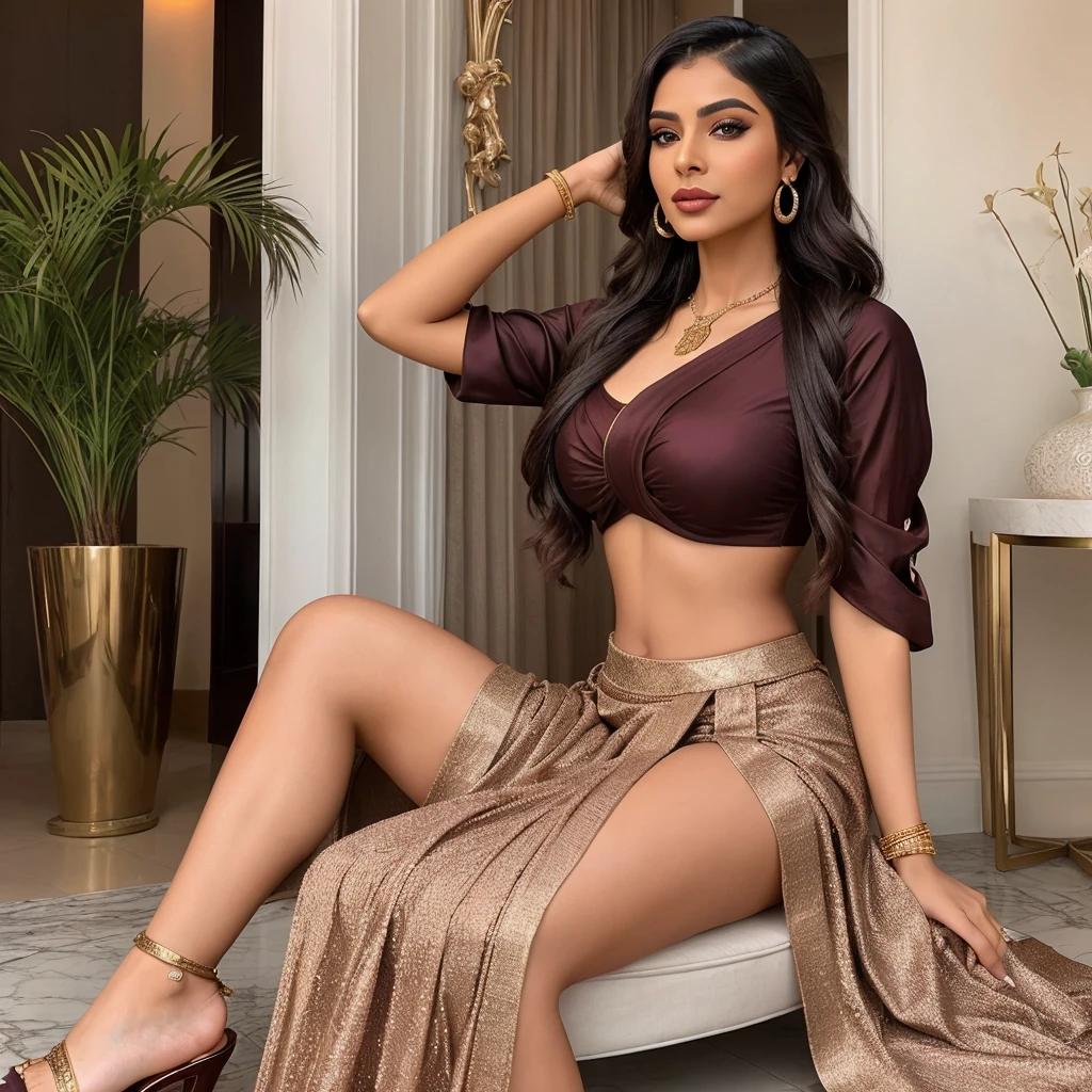 Create an ultra-realistic image of a modern, attractive female influencer of Indian descent, aged between 27 to 30. She should have a warm and inviting smile, expressive almond-shaped eyes with a slight shimmer, and clear, glowing skin with a medium brown complexion. Her features should be well-defined, with high cheekbones and a sharp jawline. Her hair should be long, thick, and wavy, with a natural shine and bounce, styled in two buns, either high or low, for a playful and trendy style. The hair color should be a deep, reddish-purple hue that’s bold yet sophisticated. She should have a slender yet athletic build, reflecting a healthy and active lifestyle, with significantly increased bust and butt size. She is wearing a burgundy satin strapless frock with a ruched bodice and a flirty, slightly flared skirt that highlights her gigantic breasts (plump: 1.1) and accentuates her curves. Her outfit is completed with stylish black heeled sandals that add elegance to her look. She accessorizes with subtle yet chic jewelry, such as small hoop earrings and a few thin bangles. The background should be a vibrant, urban setting with dim lighting, elegant table settings, and a view of a beautifully lit garden through large windows, suggesting a cosmopolitan lifestyle. Her overall appearance should exude confidence, approachability, and sophistication, capturing the essence of a contemporary Indian fashion influencer.