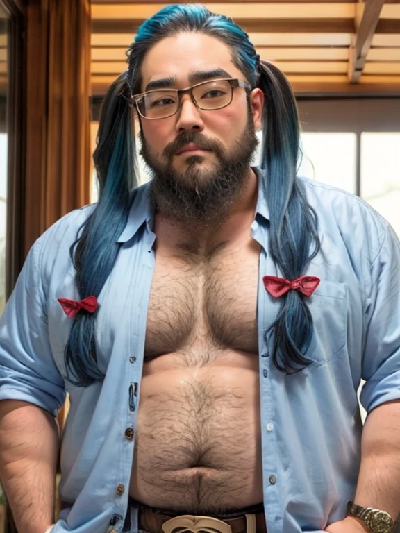 Glasses, beard, Brown eyes, Fat, 1 boy, Fashion Model, ((Twin tails)), (long hair), (Cowboy Shot), ((Light blue hair)), Aloha Shirt