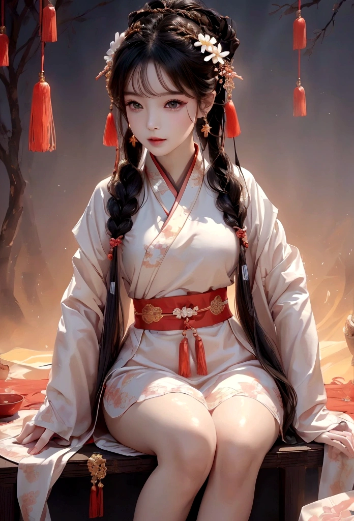 Face close-up, Ultra-fine face,woman, Chinese style, Ancient Wind,Hanfu, Sitting pose, Long white hair, Delicate clothing patterns, Elegance, Gorgeous, Elegance, smile,Sky Sky, ribbon,Sense of brokenness, It is, Bubble, Double up braid, Hairline, Diagonal bangs, hair band, hair ornaments,Sparkling, Cinema Lighting, Hyper HD, High resolution, 最high quality, 8K, High detail, high quality, Super Detail, Anatomically correct, masterpiece, Accurate,plump,Landscape painting,screen、Exposed thighs