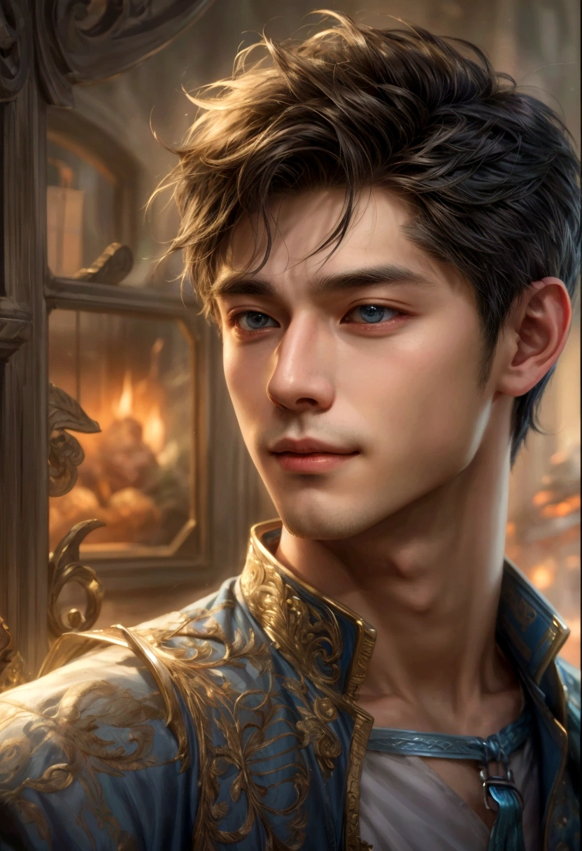 portrait of a young man in a blue jacket and a white shirt, fantasy male portrait, fantasy art smug smile man, a portrait of a male elf, inspired by Zhang Han, Portrait of a young elf wizard, fantasy art portrait, detailed character portrait, inspired by Yeong-Hao Han, beautiful androgynous prince, art germ portrait