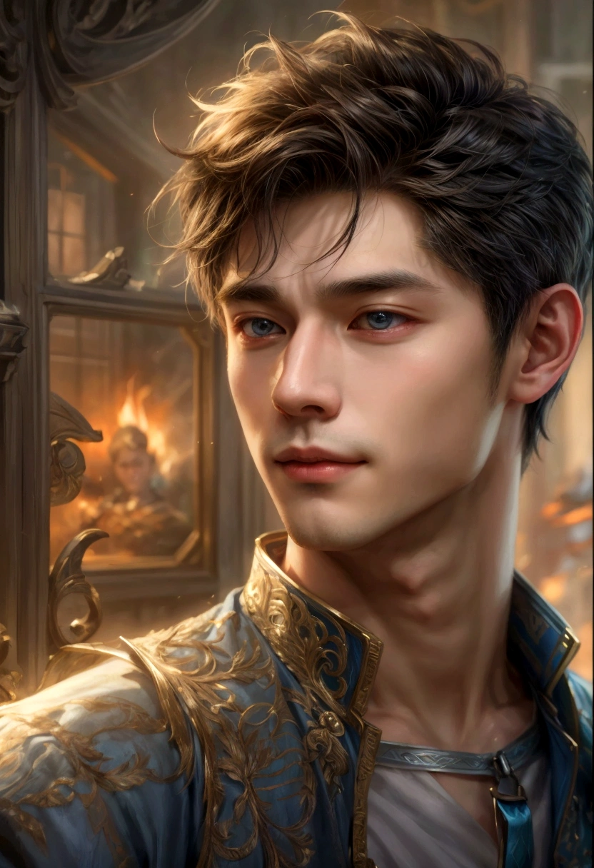 portrait of a young man in a blue jacket and a white shirt, fantasy male portrait, fantasy art smug smile man, a portrait of a male elf, inspired by Zhang Han, Portrait of a young elf wizard, fantasy art portrait, detailed character portrait, inspired by Yeong-Hao Han, beautiful androgynous prince, art germ portrait