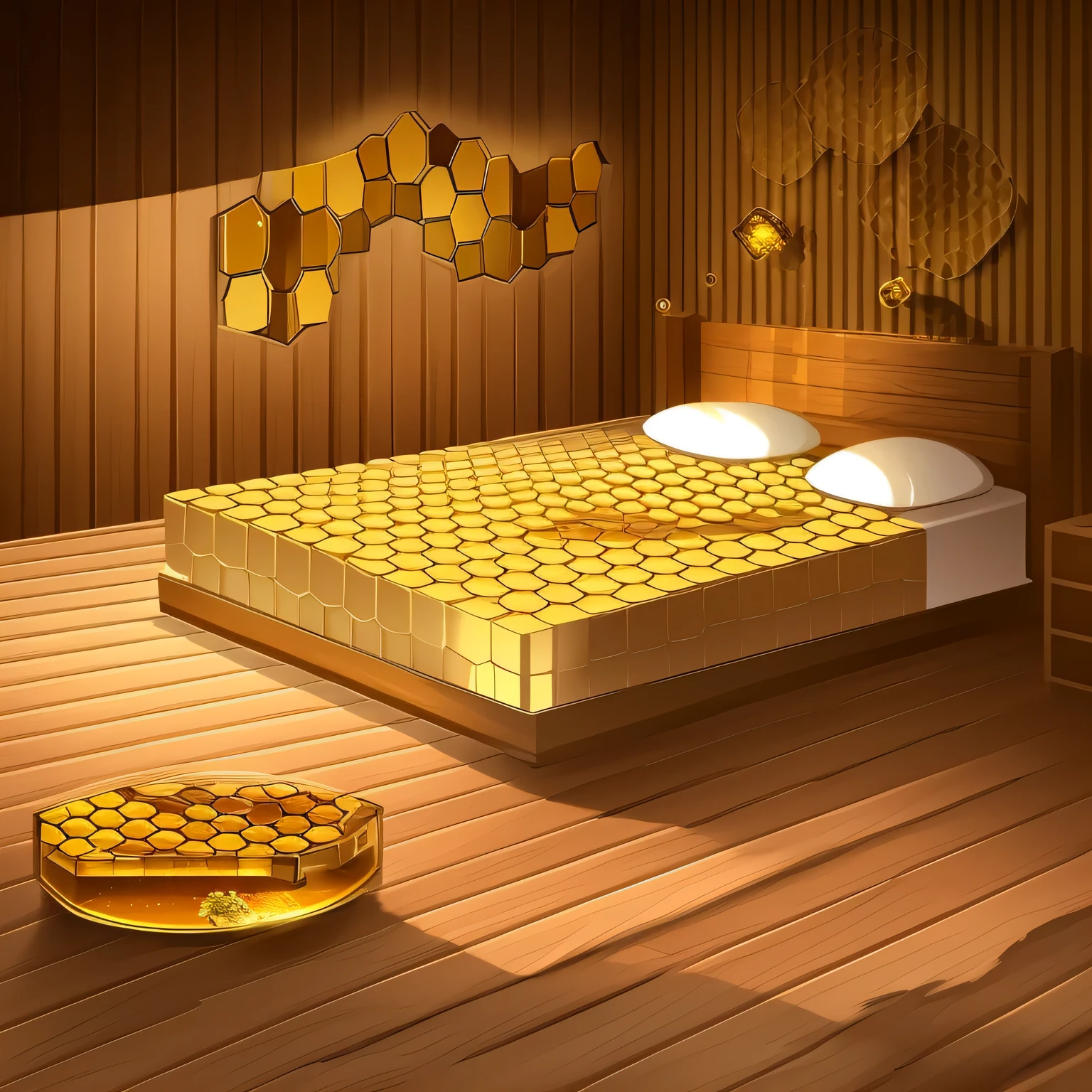 Wooden floors, honeycomb walls, honey comb, wooden floor, bed with black and yellow stripes (((honey comb walls, honey comb, focus hiney comb on walls))) visual novel art style