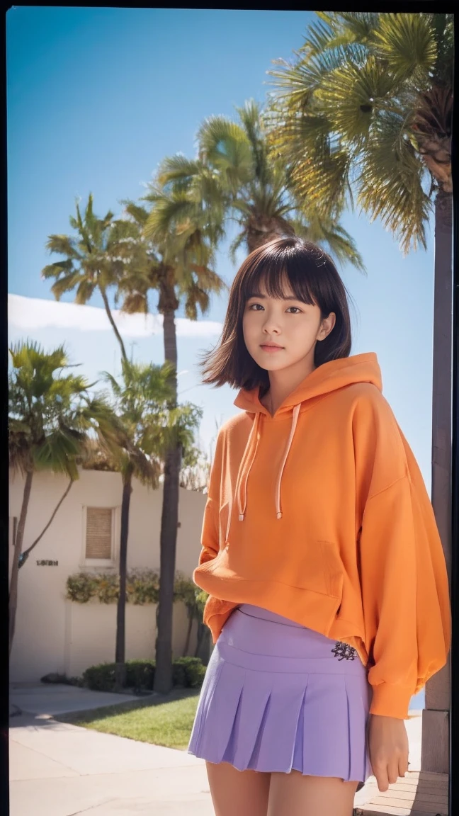 long shot portrait of cute 23 yo girl ,wear ((color orange oversized_hoodie no sleeve)), wear ((purple tennis skirt)),looking front,Best Quality,Masterpiece,Ultra High Resolution,(Realisticity:1.4),Original Photo, 1Girl, light leak,ultra high resolution,UHD,beautiful, (black bob hair), almond eye, no makeup, in front of (80's mondrian architecture motel), (realistic:1.2), (surreal:1.3), (very detailed:1.1), ((masterpiece)),summer, blue sky, palm trees,sunny, los angles vibes,film camera, 800mm lens,style of Philip Lorca diCorcia