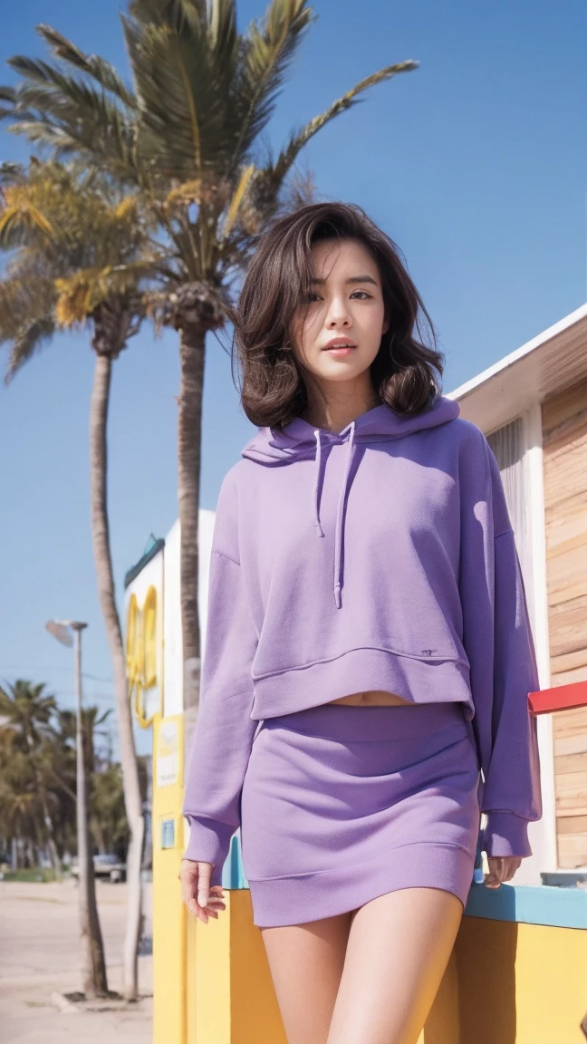 long shot portrait of cute 23 yo girl ,wear ((color orange oversized_hoodie no sleeve)), wear ((purple tennis skirt)),looking front,Best Quality,Masterpiece,Ultra High Resolution,(Realisticity:1.4),Original Photo, 1Girl, light leak,ultra high resolution,UHD,beautiful, (black bob hair), almond eye, no makeup, in front of (80's mondrian architecture motel), (realistic:1.2), (surreal:1.3), (very detailed:1.1), ((masterpiece)),summer, blue sky, palm trees,sunny, los angles vibes,film camera, 800mm lens,style of Philip Lorca diCorcia