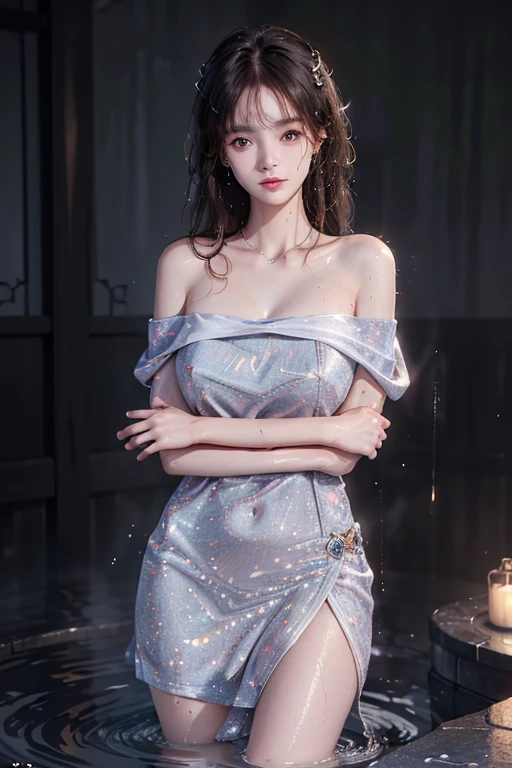 1 girl, solitary:1.2, (18 years old:1.2), Cute little trumpet, entity, Sweating of the skin, glowing skin, Slim, (Dull bangs: 1.2), Smile, Cute face, Exquisite eyes,, ((naked，Wrapped in a towel)), ((hot spring)), Beautiful breasts、Huge breasts:1.4，plump breasts(Not wearing), (wet), (Bend and take off), ((wet hair)), (Cross your arms behind your head), (Legs open),view, Looking at the camera, best quality,Super detailed, high resolution, Extremely detailed CG, Unity 8K wallpaper, official art, Creative arts, Novel Illustrations, by famous artist, Caustic lines, Textile shading, Super delicate skin, Perfect anatomical structure, detailed, Movie Lighting, Dynamic Lighting, Beautiful and exquisite eyes, (top quality), (Super detailed), (masseter membrane), (high resolution), (The original), Character Conception, Game CG, detailed Manga Illustration, Realistic head to body proportions:1.2