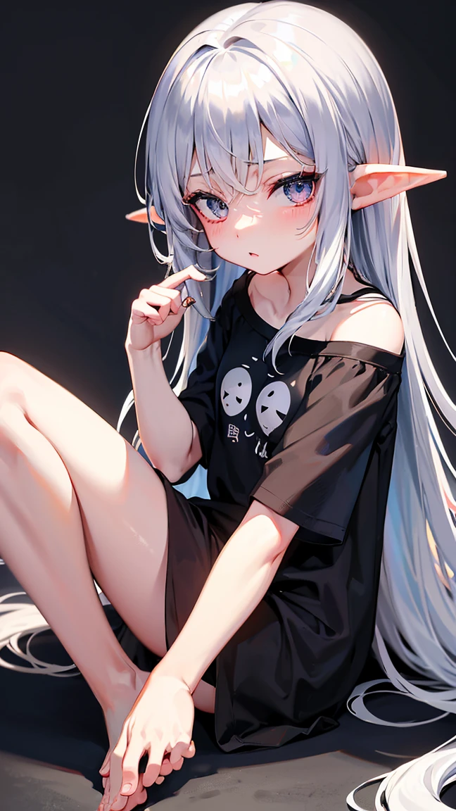Elf Girl、8-year-old、Medium-long silver hair、Silver Eyes、Big black t-shirt、No bottoms worn、barefoot、Seductive expression、Upright、background through