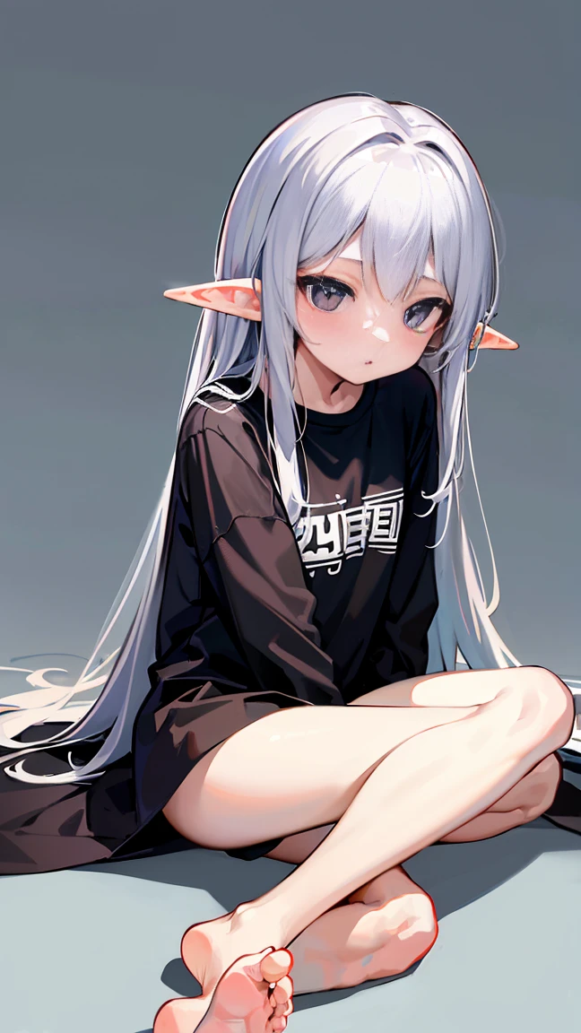 She was wearing only a large black T-shirt and no bottoms.、Elf Girl、Age is 8 years old、Medium-long silver hair、Silver Eyes、Seductive expression、Upright、Transparent background