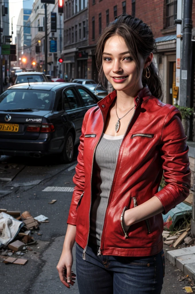 1girl, (realistic),(hyperrealism),(best quality),(masterpiece),(ultra high res),(photorealistic),idol,eye makeup,detailed eyes,detailed face,black dress, claireredfield2, brown hair, (red jacket:1.2), ponytail, (denim pants:1.3),, red wristband,, abandoned street, burning cars in background, littered street, smoke, chaos, zombie apocalypse, daytime, sunny,, hands in pocket, looking at viewer, smiling, closeup shot