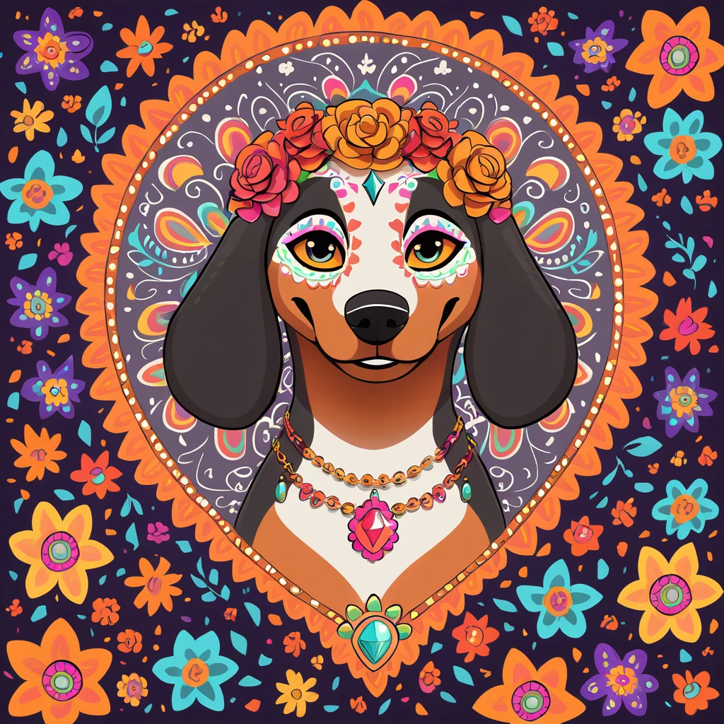 Dachshund surrounded by gem flowers in day of the dead art style