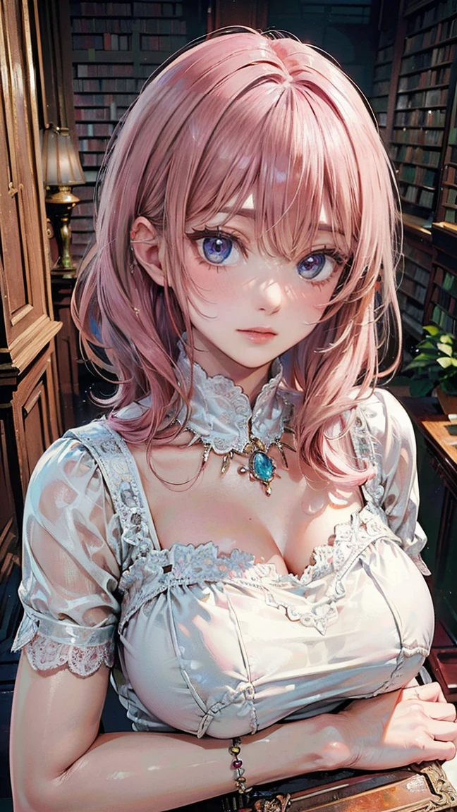 ((Highest quality, 8k, masterpiece :1.3)), (Sharp focus :1.2, Beautiful woman with perfect figure :1.4, Slim Abs), ((Big Breasts, Emphasize cleavage:1.2)), (Photorealistic:1.4), (realistic:1.4), (Pink Hair:1.5), Highly detailed face and skin texture, Fine grain, double eyelid. Makeup face, A little bit of lipstick, sex appeal, Sexy gravure pose, ((A high school girl wearing a pink ribbon blouse and a navy pleated skirt。The background is the library、There are books piled up around her。She is smiling and posing sexy while leaning against the bookshelf.。A hairband and a silver bracelet are her accessories.。:1.3))