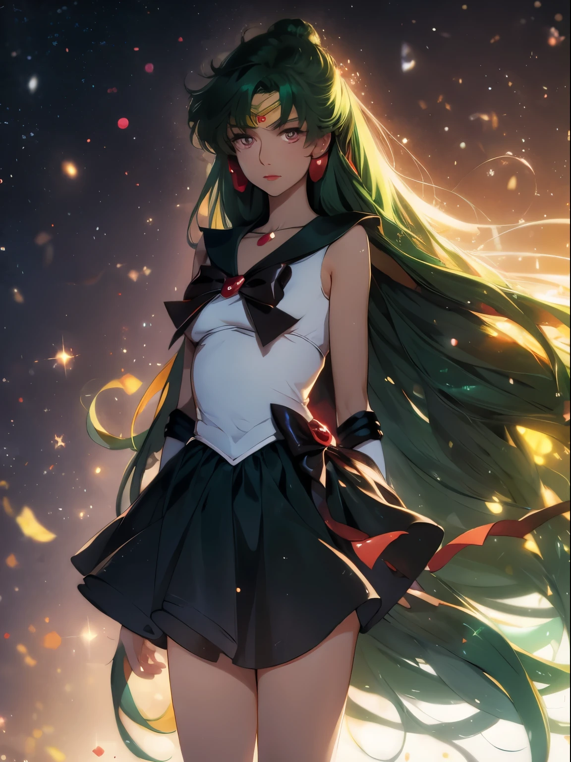 sailor pluto, 1 girl, dark green hair, long hair, brown eyes, detailed eyes, simple background, female focus, alone, Standing, Setsuna Meio, portrait, full body, (Masterpiece:1.0), (best quality:1.0 ), (wallpaper 8k:1.0), (detailed beautiful face:1.0), (detailed deep eyes), deep eyes, looking at viewer, sailor scout, brown bow on chest, brown skirt, white gloves,