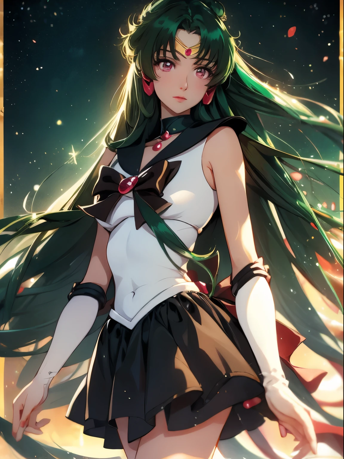 sailor pluto, 1 girl, dark green hair, long hair, brown eyes, detailed eyes, simple background, female focus, alone, Standing, Setsuna Meio, portrait, full body, (Masterpiece:1.0), (best quality:1.0 ), (wallpaper 8k:1.0), (detailed beautiful face:1.0), (detailed deep eyes), deep eyes, looking at viewer, sailor scout, brown bow on chest, brown skirt, white gloves,