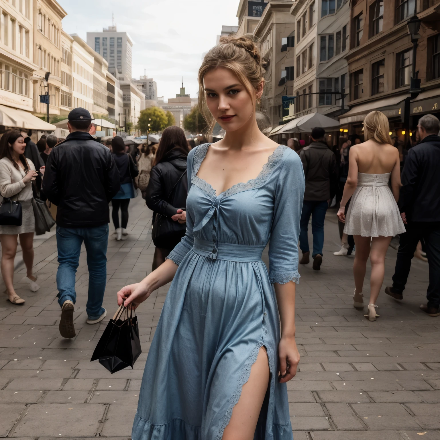 Best Quality, Masterpiece, Ultra High Resolution, (Realism: 1.4), Original Photo, 1woman slight smile blond LaGermania, standing in Union Square, San Francisco, 2024. She is wearing a Victorian-era dress with a high-necked blouse and a full, long skirt. The dress is made of sturdy cotton and wool in dark blue and grey, with modest lace detailing. Her hair is pulled back into a simple bun, slightly damp and sticking to her neck. The practical fabric of her dress clings to her body, showing the weight and texture. The bustling square, filled with modern shoppers and street performers, contrasts sharply with her historical attire. The bright sunlight casts long shadows on the pavement, highlighting the textures of her dress. LaGermania's zurückhaltendes freundliches und direktes verführerisches lustvolles gut-gelaunt-lächeln adds a charming touch to the scene, creating a visually striking and humorous image that blends past and present.