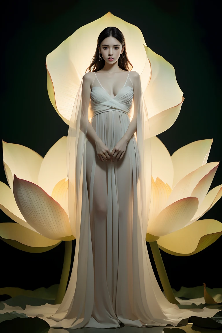 Axisymmetric:2，Front view，Symmetrical composition，Light pink and light white,Full body female,  White background, Natural Lighting, Lighting Effects, The Minimalists, elegant, Pure tenderness, Soft lighting, Realistically. woman (clavicle, Shoulders,) Place in (pray and stand) super giant lotus，The petals are big and long (The petals are very thin, Soft gauze, Full background of flowing petals, Floating petals, Super Flying Petals, Smoke and petals mixed effect), lotus dress,((view)).lotus_leaf_Fairy，Anatomically correct，((best quality)), ((masterpiece)), ((Practical))masterpiece, absurd,Award-winning photos, Extremely detailed, Astonishing, Fine details, Extremely detailed eyes and 脸, author：lee jeffries Nikon d850 film stock photos 4 Kodak portra 400 camera f1.6 lenses，colorful，Ultra-realistic，Lifelike，Dramatic lighting，Unreal Engine，