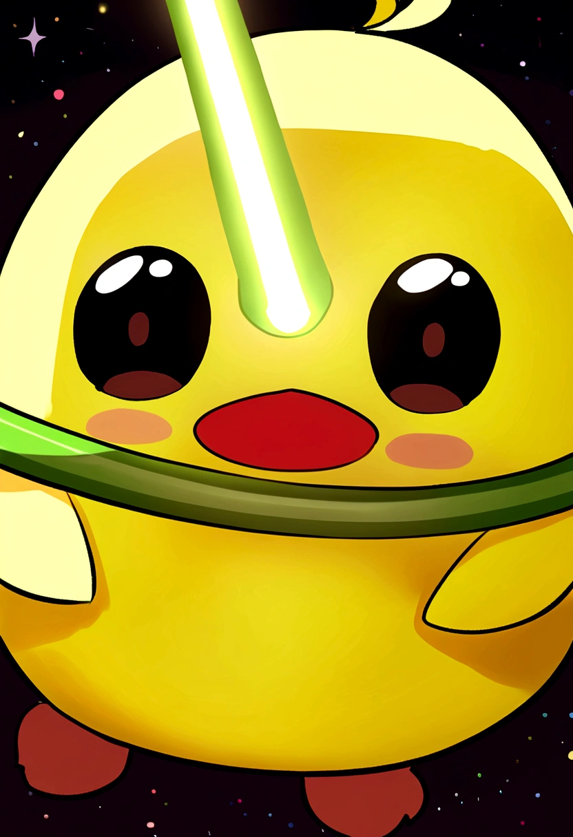 ((Cute little bird，Yellow body，Red Mouth，Chick))，Simple Background，Cute expression、Real、The green onions shine, space、A bird is holding a leek lightsaber、