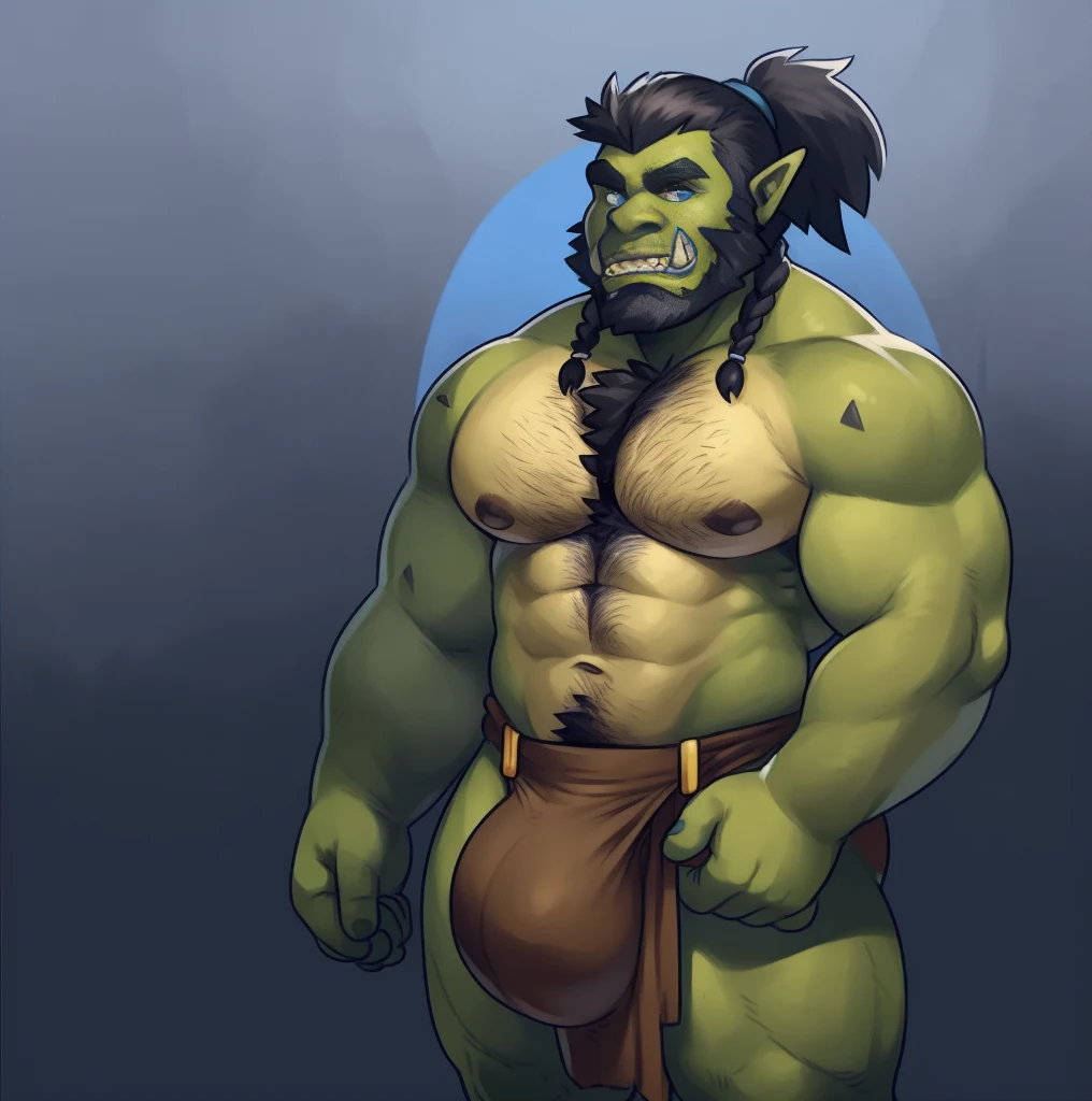 Solo, male (((orc, humanoid, blue eyes, black pupils blue iris, muscular, big pecs, abs, green body, black hair, facial hair, beard, beard pony tail, braids, chest hair, teeth, exposed teeth, brown loincloth, big bulge))) standing, full body, perfect anatomy, by darkgem, by mystikfox61, by glitter trap boy