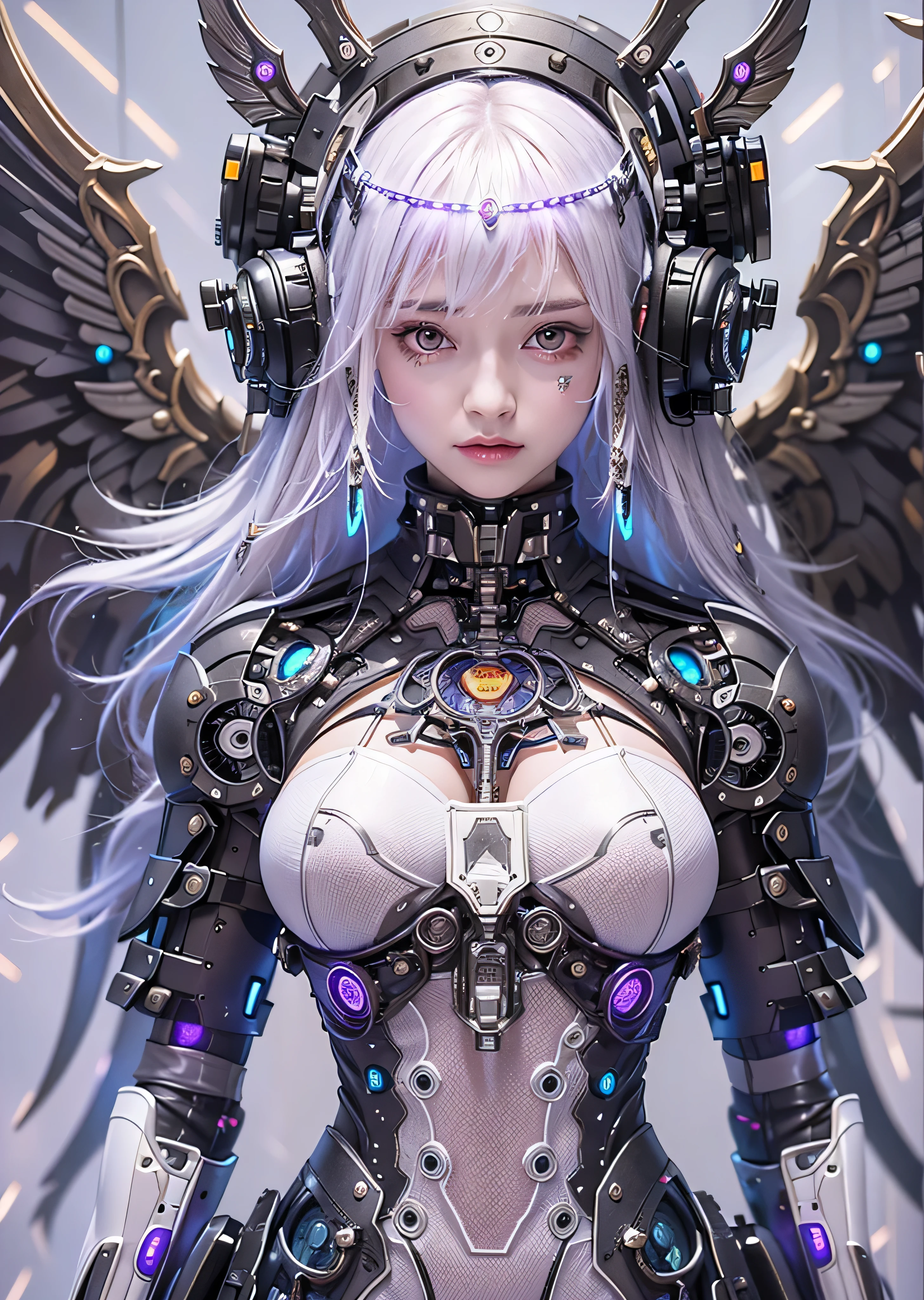 highest quality、masterpiece、超A high resolution、(Photorealistic:1.4)、RAW Photos、Battle Robot Angel、Large metal wings、White porcelain body、Acrylic transparent cover、White Hair、Glowing Skin、1 Cyborg Girl、((Ultra-Realistic Details))、Polate、Global Illumination、Black Shadow、Octane Rendering、8k、Super sharp、Character edge light,huge 、Bare skin exposed in the cleavage、Intricate decorative detailore about Gothic ta、Hydraulic cylinder、Small LED Light、Very intricate details、Realistic Light、Purple eyes、Shining Eyes、To the camera、Neon Light Details、Cowboy gets shot、Futuristic headgear、floor plan《Cyberpunk characters》、、