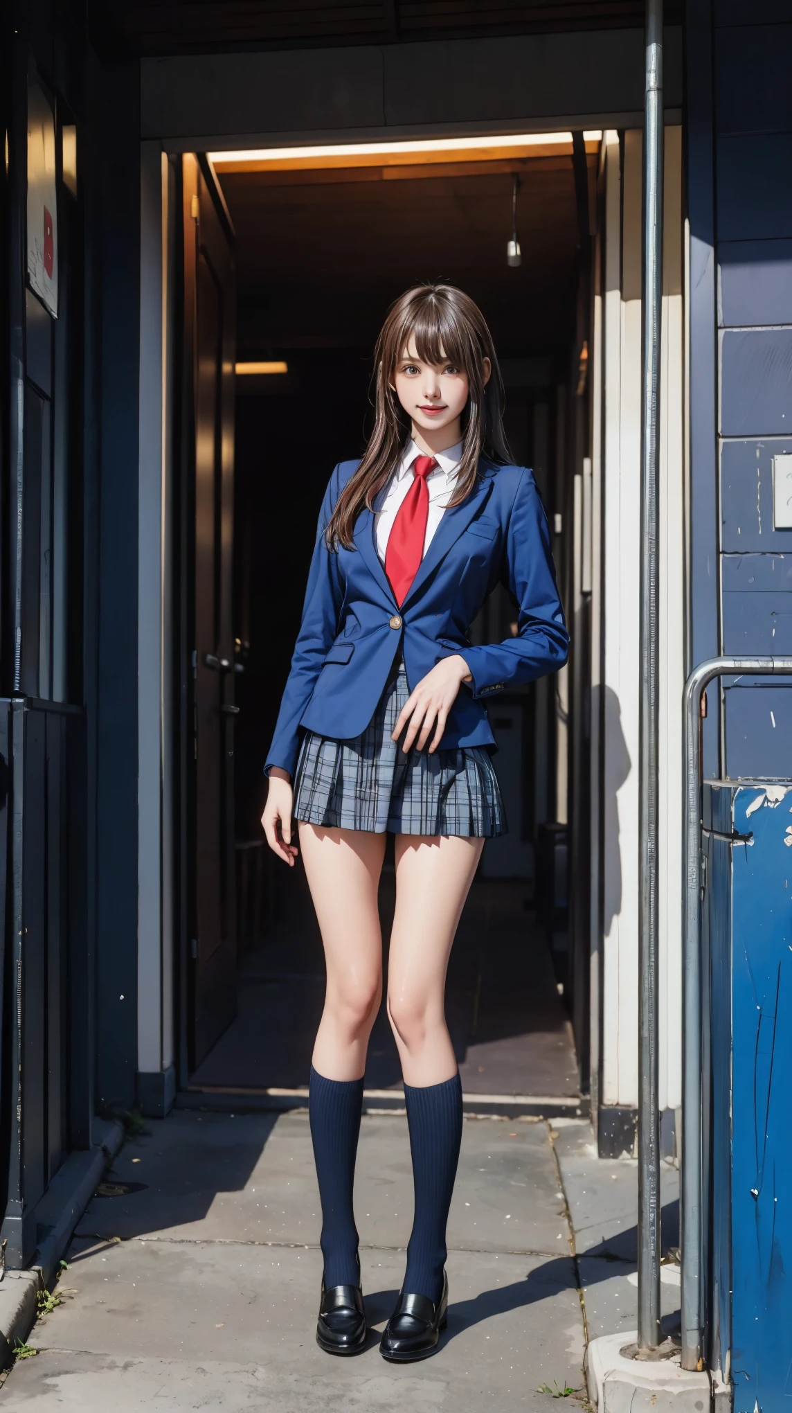 ((masterpiece)),(((Highest quality))),Thin thighs,Long legs,Girl standing in school corridor,Red Tie Uniform,Dark Blue Blazer,Blue plaid skirt,18-year-old,bangs,A small smile,Random Pause,pretty girl,Slender girl,セクシーRandom Pause:1.2