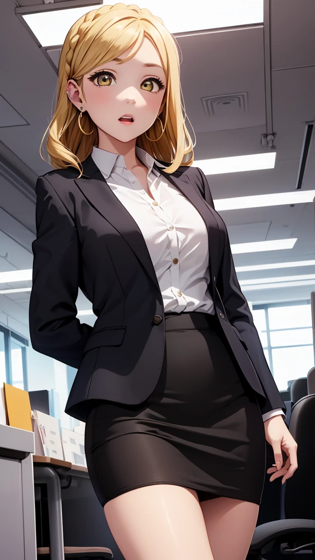 medium breasts, ohara mari, hair rings, blonde hair, yellow eyes, crown braid, medium hair,  (business suit, dress shirt, earrings, formal, high heels, jacket, miniskirt, office lady, open collar, pencil skirt, shirt, skirt, suit:1.2), indoors, office, looking at viewer, cowboy shot, (masterpiece), best quality, high resolution, unity 8k wallpaper, (illustration:0.8), (beautiful detailed eyes), extremely detailed face, perfect lighting, extremely detailed CG, surprised, shocked