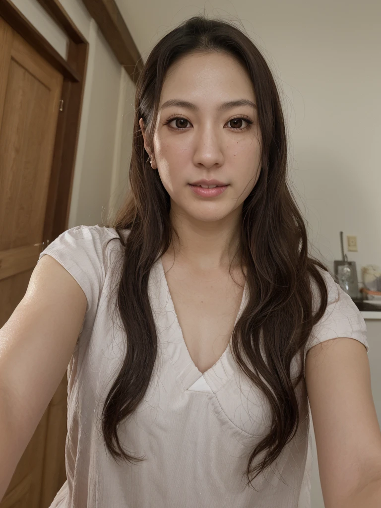 1girl, solo, photorealistic, realistic, middle age, a 30-year-old woman, ordinary mature woman, Japanese woman, Japanese woman, Japanese face, body of 30-year-old woman, ((ugly:1.6)), curly black hair, long hair, dark eyes, small nose, pointy jawline, deep cheekbones, shovel-shaped incisor teeth, pale-white skin, ((((selfie shot))))