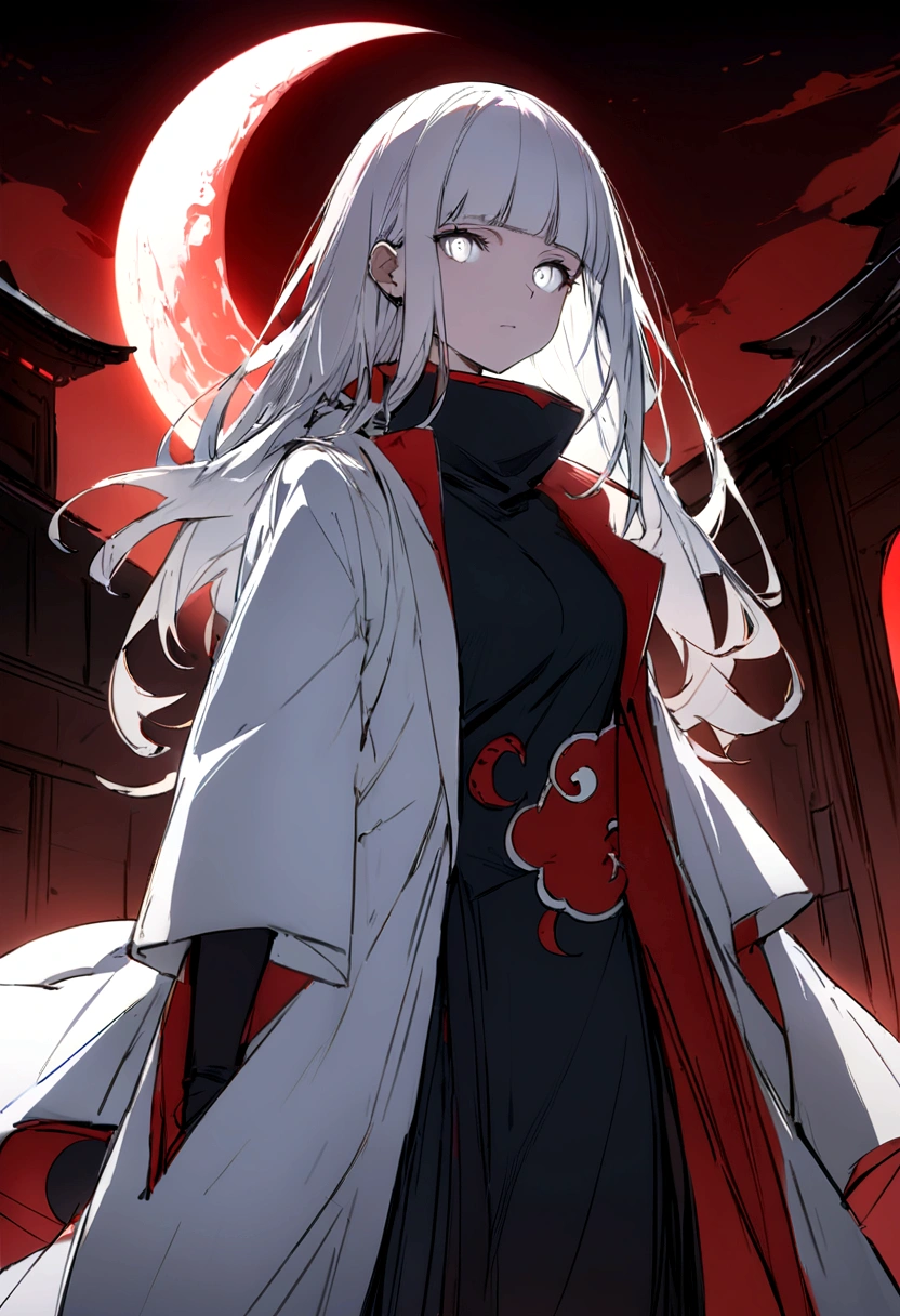 coloring sketch, black and white, (Art), (best quality), ultra high resolution, professional art, ultra detailed, complex, detailed face, perfect lighting, white, 1 girl, white hair, (white eyes), akatsuki outfit, ninja, white cape, lab coat white, turtleneck, collarbone, head, night, night sky, crescent moon, red moon, outdoors, (cowboy shot, distant shot), blunt bangs, black hair, long hair, coloring sketch, black and white