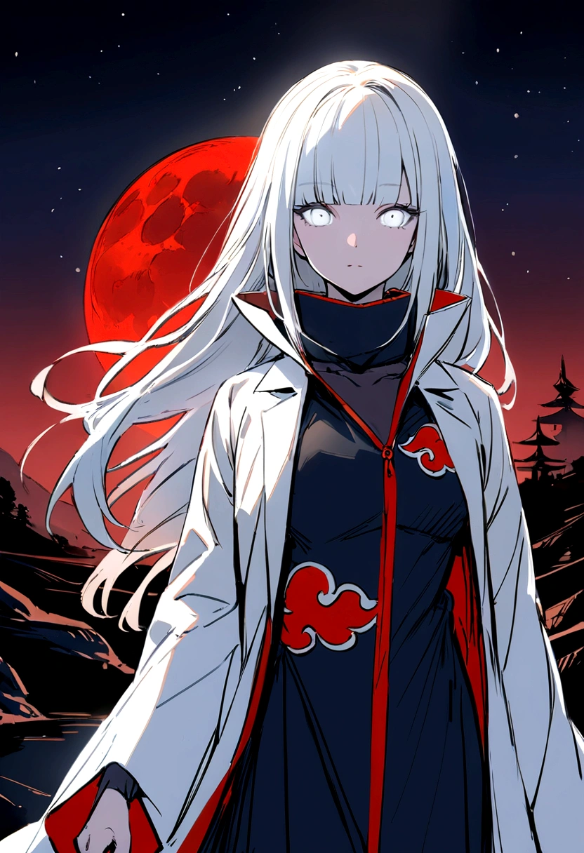 coloring sketch, black and white, (Art), (best quality), ultra high resolution, professional art, ultra detailed, complex, detailed face, perfect lighting, white, 1 girl, white hair, (white eyes), akatsuki outfit, ninja, white cape, lab coat white, turtleneck, collarbone, head, night, night sky, crescent moon, red moon, outdoors, (cowboy shot, distant shot), blunt bangs, black hair, long hair, coloring sketch, black and white