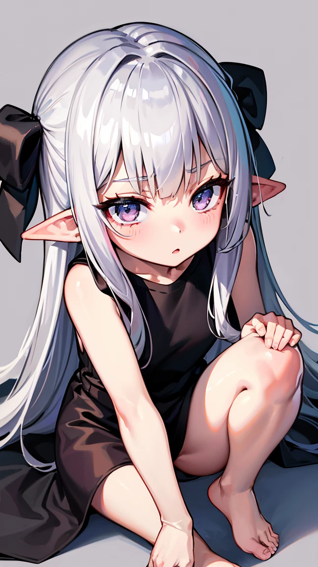 Elf Girl、8-year-old、Medium-long silver hair、Silver Eyes、Big black t-shirt、No bottoms worn、barefoot、Seductive expression、Full body portrait、background through