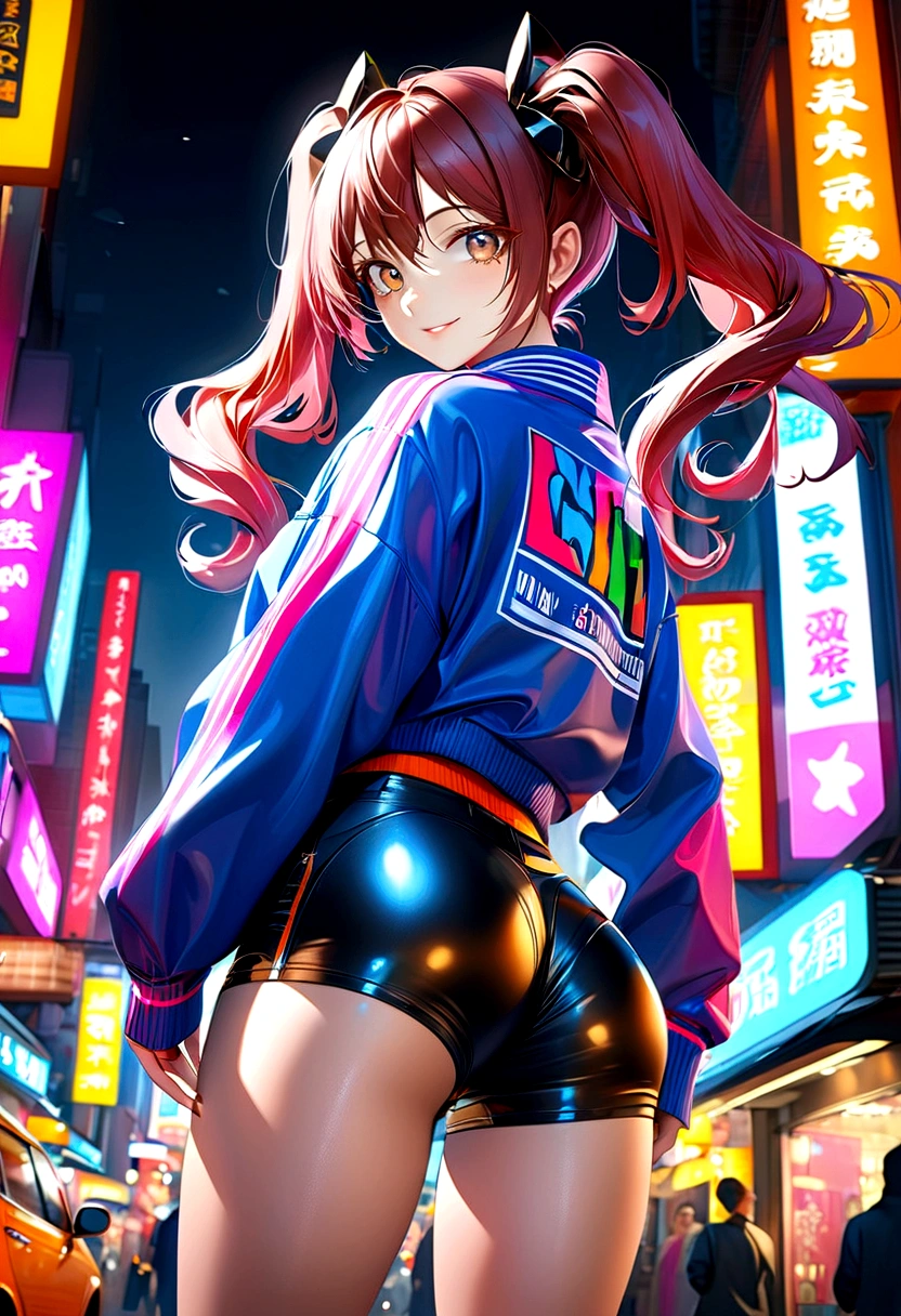 Best quality, high resolution, Masterpiece: 1.3, Stunning Adult Woman, Hairstyle: Twin Tails, mini skirt, Masterpiece, Confident Smile, Realistic, Bold Personality, Multiple Female Characters, Captivating Eyes, Attractive Features, Colorful Twin Tails, High Fashion mini skirt, Urban Theme, Neon Signs, Busy City Street, Bright Lights, Reflective Surfaces, Detailed Clothes, Accessories, Closeup 3D Octane rendering, ray tracing, super detailing viewer, closeup. front view