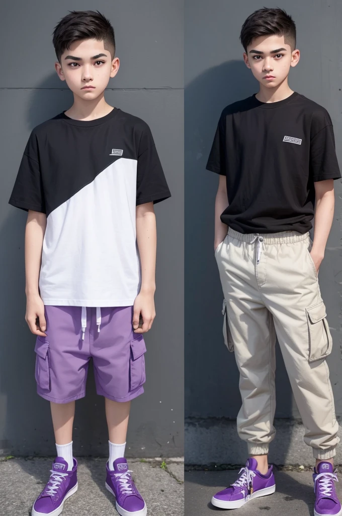 please make a 14 year old boy scratches on both eyebrows, very short short hair with fade, Caucasian skin, in cargo pants, and purple sneakers, and mostly evil face but not so much,show the entire body and it must be standing