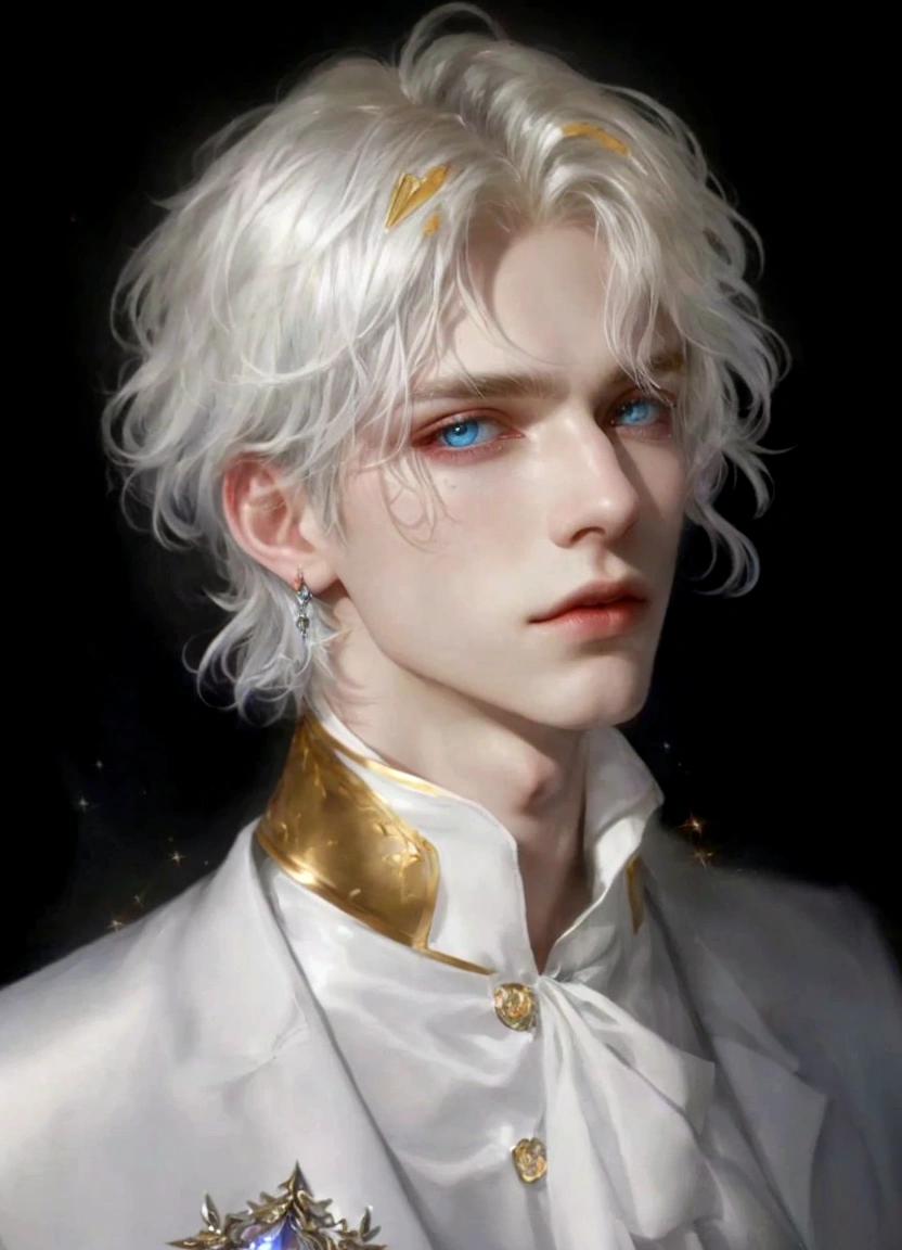 An androgynous man with silver hair with iridescent sparkles, portrait, beautiful face, fantasy aura, unreal, detailed, bright blue eyes