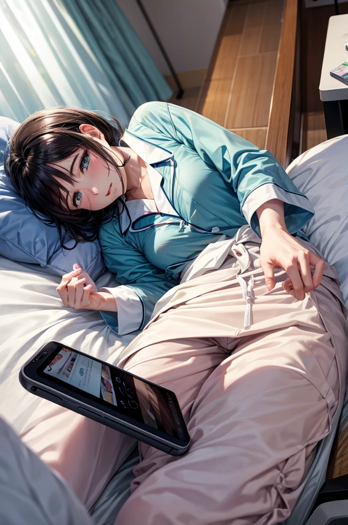 、Watching a smartphone in a hospital bed。In pajamas