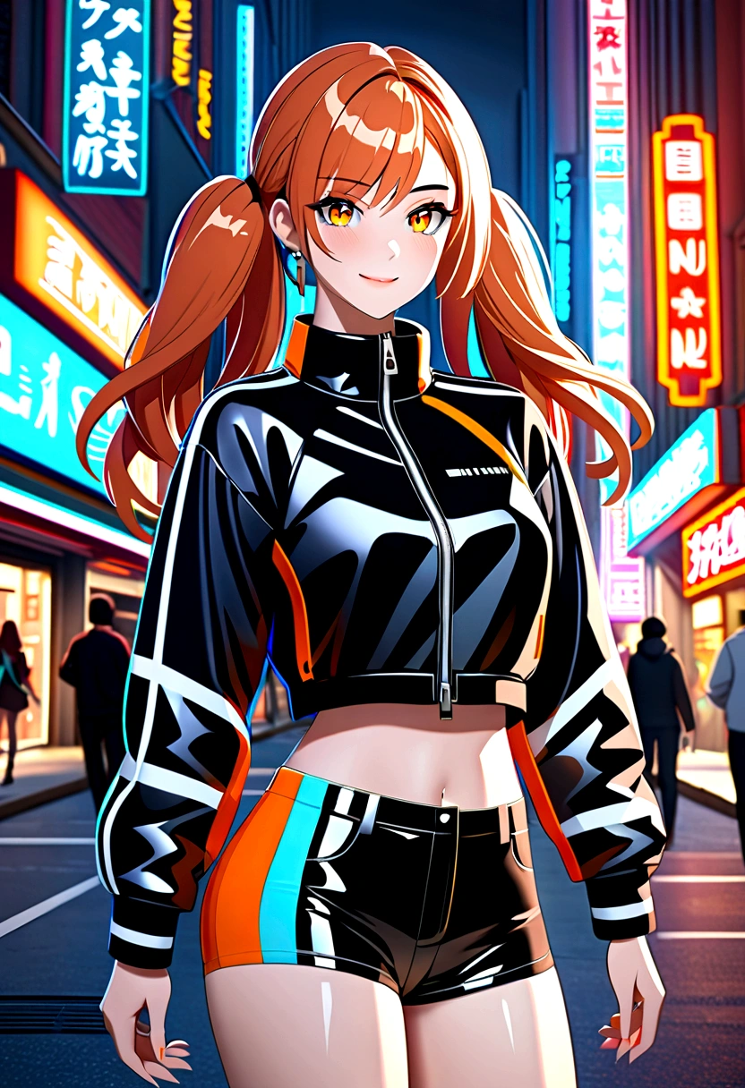 Best quality, high resolution, Masterpiece: 1.3, Stunning Adult Woman, Hairstyle: Twin Tails, mini skirt, Masterpiece, Confident Smile, Realistic, Bold Personality, Multiple Female Characters, Captivating Eyes, Attractive Features, Colorful Twin Tails, High Fashion mini skirt, Urban Theme, Neon Signs, Busy City Street, Bright Lights, Reflective Surfaces, Detailed Clothes, Accessories, Closeup 3D Octane rendering, ray tracing, super detailing viewer, closeup. front view
