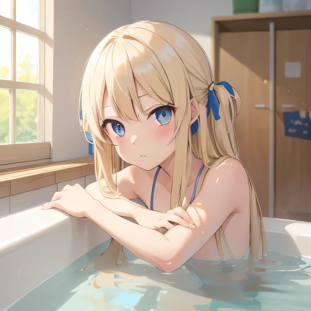 blonde hair, blue eyes, long hair, bath Primary school students、small、小さな胸 ふともも