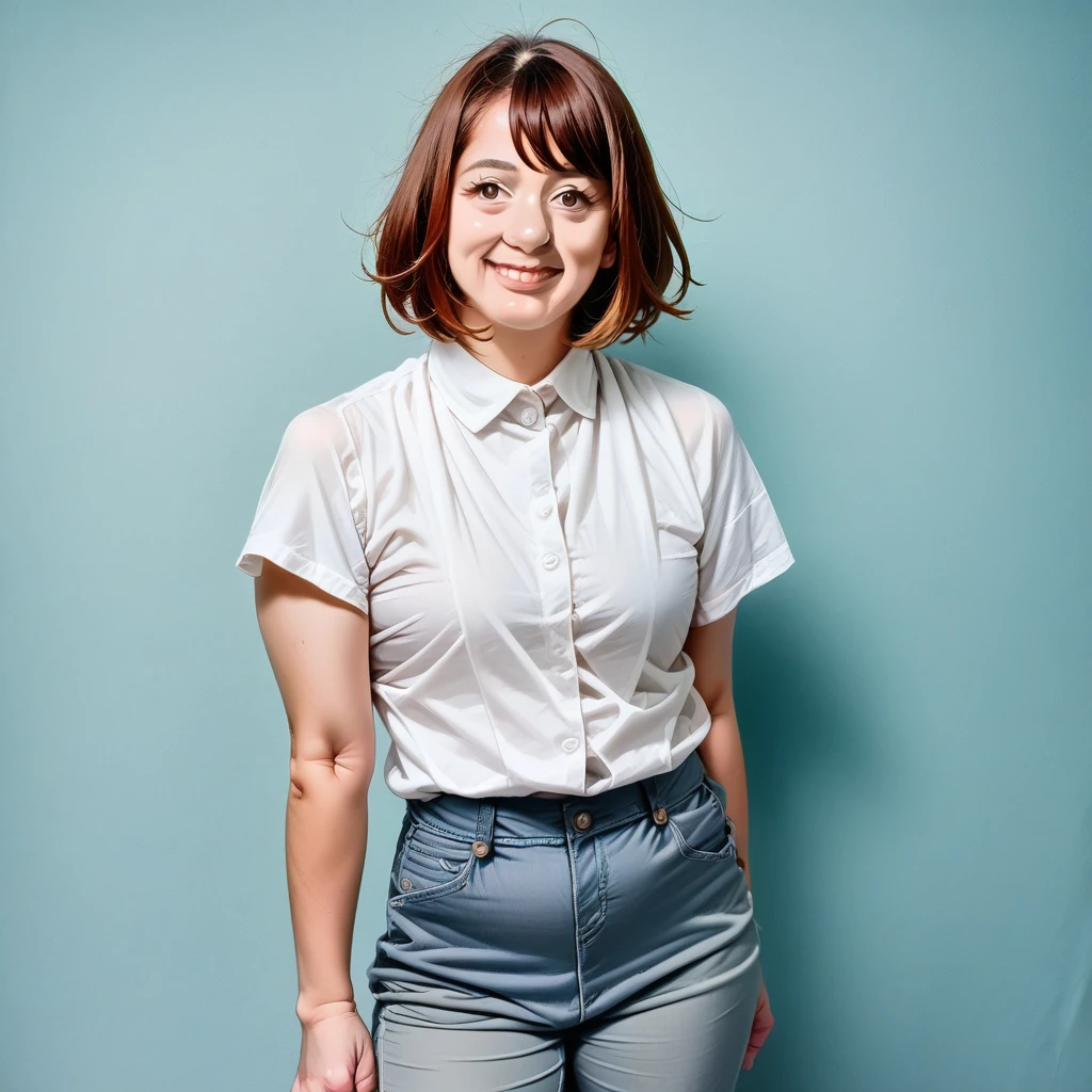 arafed woman in a white shirt and grey pants standing in front of a blue wall, kirsi salonen, magdalena andersson, wearing a blouse, magdalena radziej, wearing a white blouse, moleksandra shchaslyva, niele toroni, photo of džesika devic, serena malyon