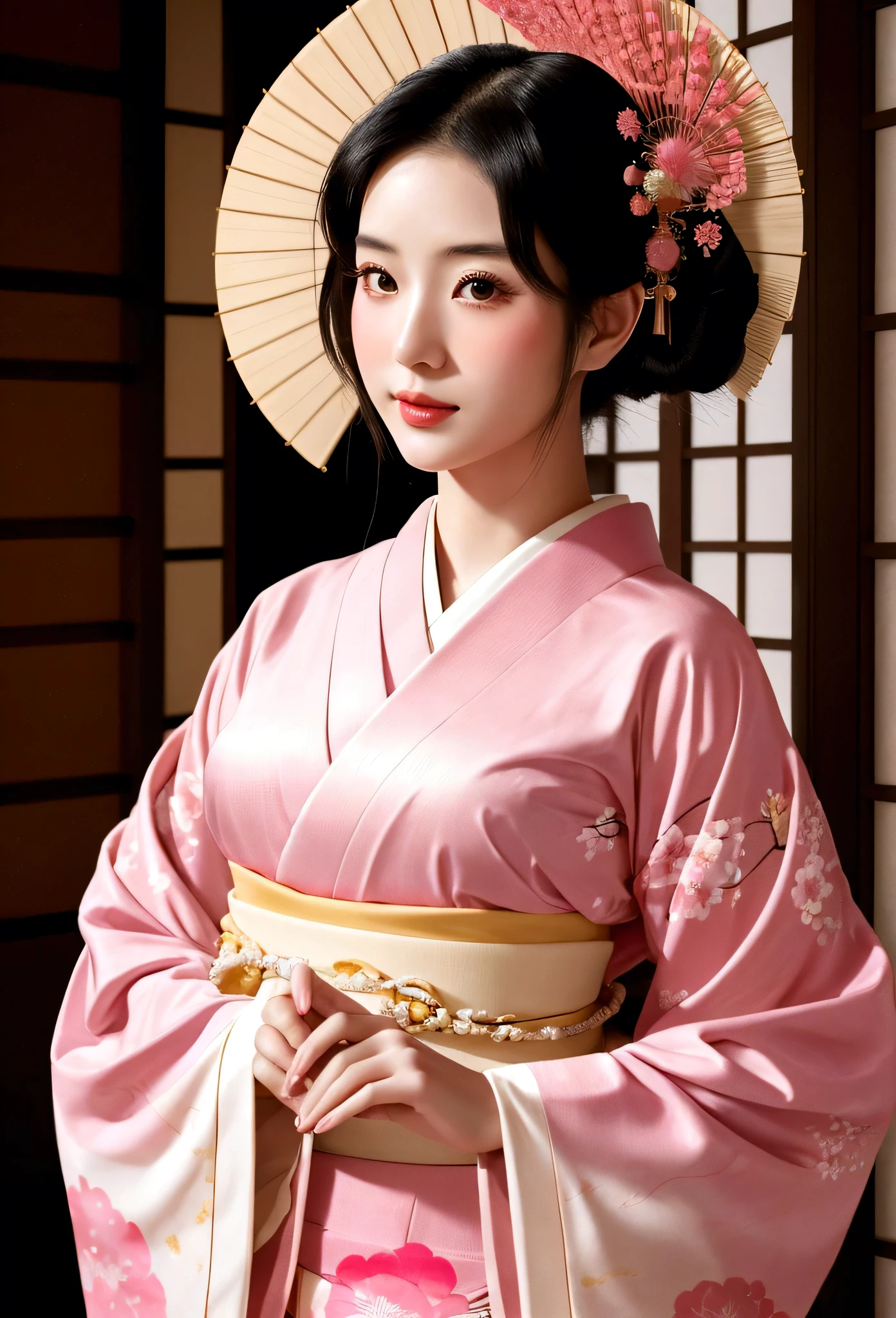 Beautifully dressed Japanese maiko,She is a very elegant and beautiful 25-year-old woman..,Her Shimada hairstyle is beautifully displayed.,Pink traditional kimono