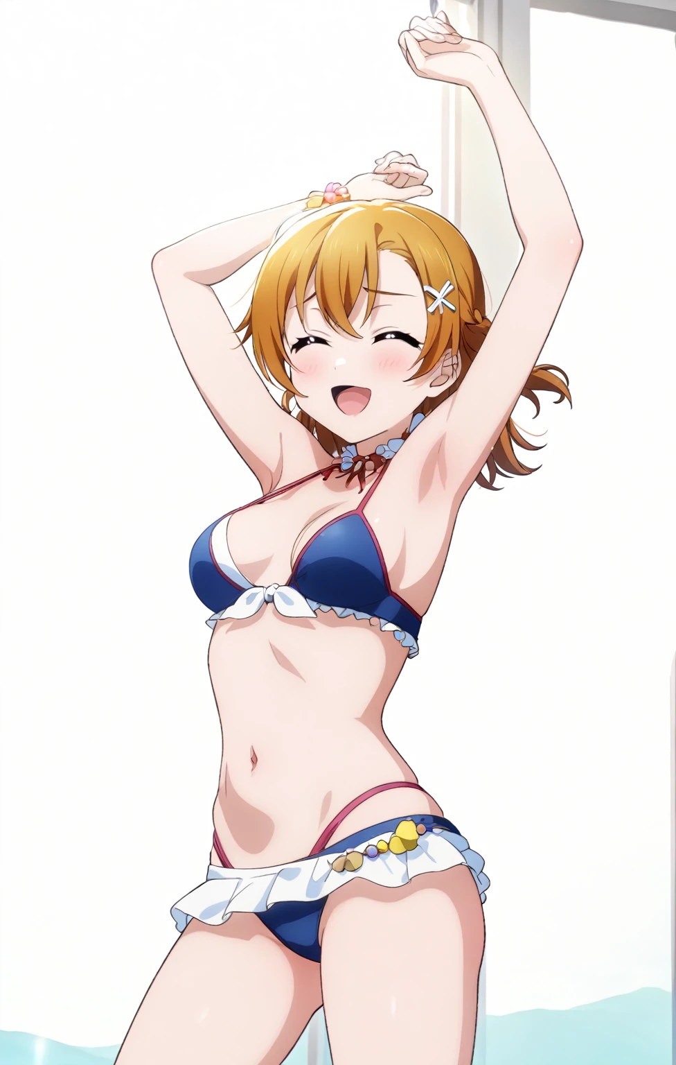 (masterpiece, best quality, highres), 1girl, medium hair, medium breasts, bikini, swimsuit, arms up, hands up, armpits, white background, id_honoka_kosaka, front view