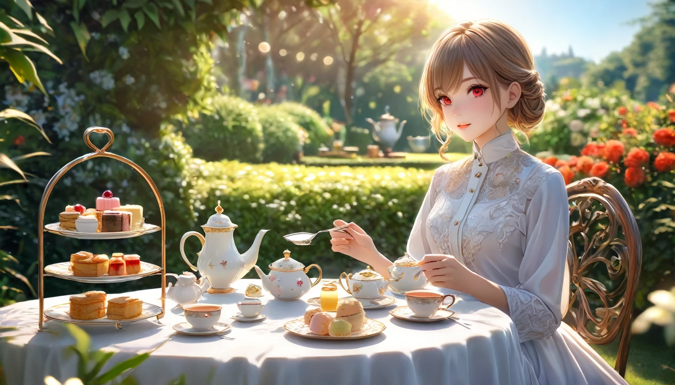 a beautiful elegant woman with red eyes, enjoying an afternoon tea in a serene garden, 1girl, anime style, intricate details, (best quality,4k,8k,highres,masterpiece:1.2),ultra-detailed,(realistic,photorealistic,photo-realistic:1.37),HDR,UHD,studio lighting,ultra-fine painting,sharp focus,physically-based rendering,extreme detail description,professional,vivid colors,bokeh,landscape,natural lighting,warm colors,soft focus