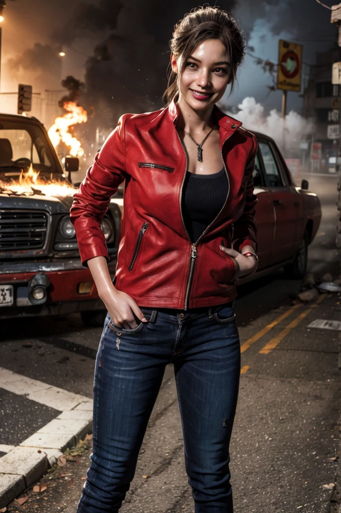 1girl, (realistic),(hyperrealism),(best quality),(masterpiece),(ultra high res),(photorealistic),idol,eye makeup,detailed eyes,detailed face,black dress, claireredfield2, brown hair, (red jacket:1.2), ponytail, (denim pants:1.3),, red wristband,, abandoned street, burning cars in background, littered street, smoke, chaos, zombie apocalypse, daytime, sunny,, hands in pocket, looking at viewer, smiling, closeup shot