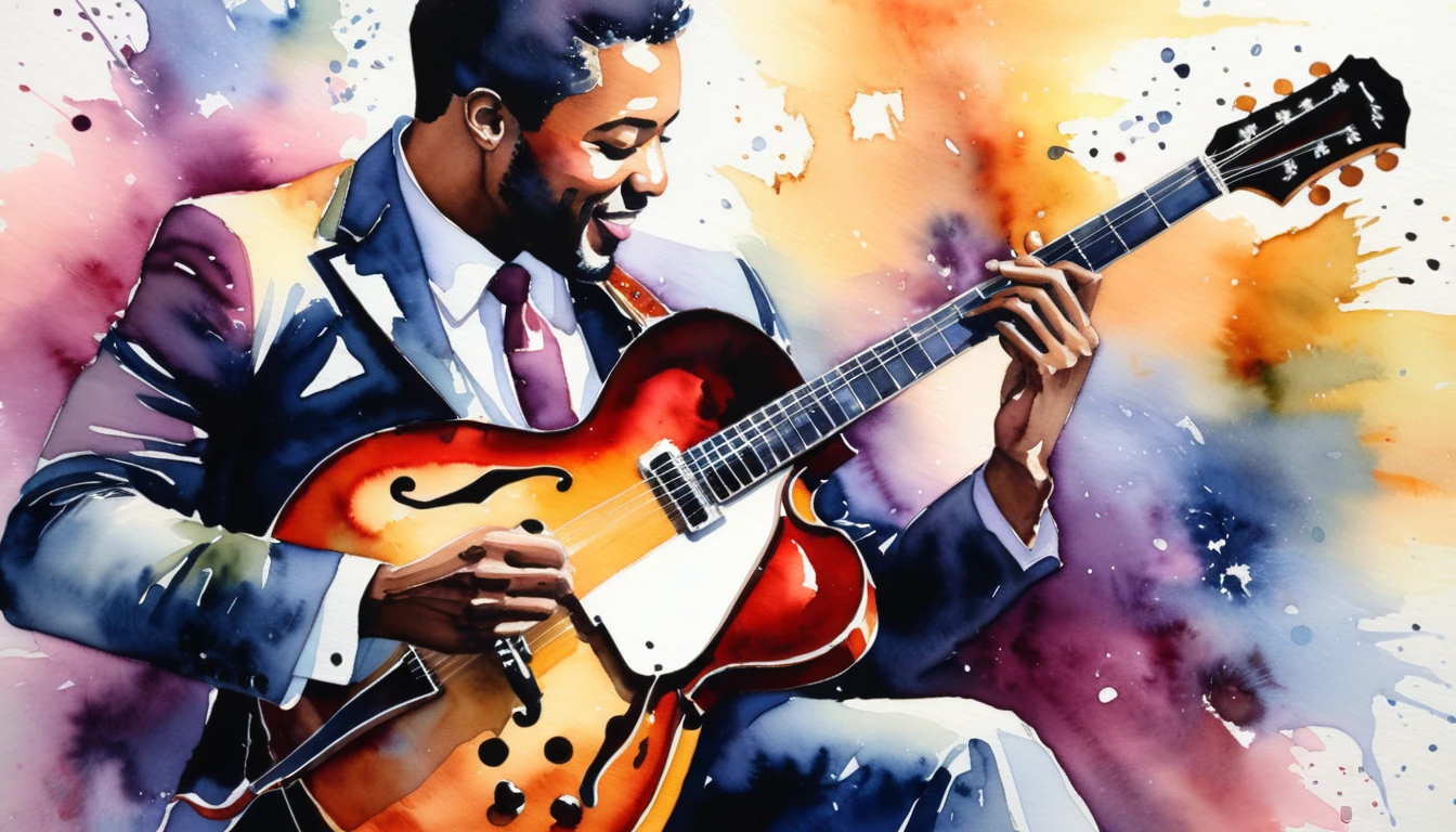 masterpiece, Highest quality, watercolor, jazz, guitar,