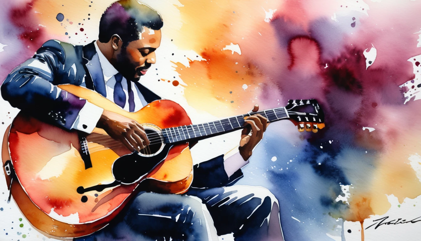 masterpiece, Highest quality, watercolor, jazz, guitar,