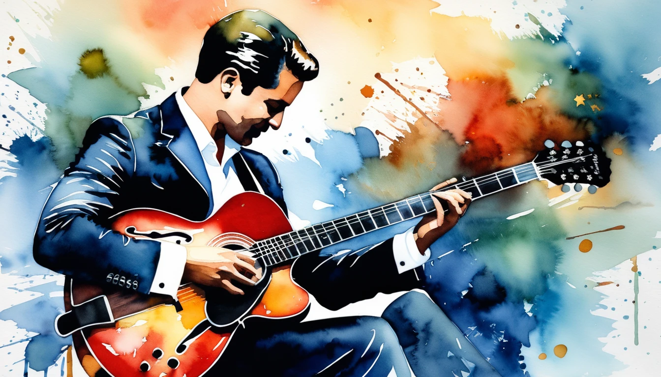 masterpiece, Highest quality, watercolor, jazz, guitar,