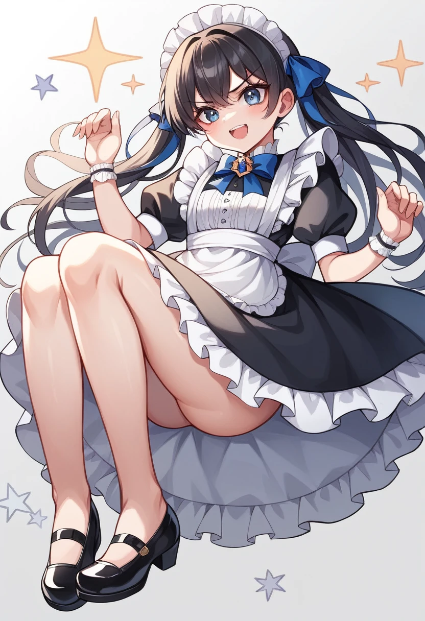 (Highest quality、16K、masterpiece、Ultra-high resolution、Victorian era、Realistic:1.2)、Smiling under the stars, Toddler wearing maid hat with ruby accessories, She wears a white and black gothic maid outfit with a navy blue ribbon. Black Stockings, Black shoes, cute, super cute toddler maid tsundere、heroine'attribute、Artistic shading、Perfect Face、Detailed portrait、