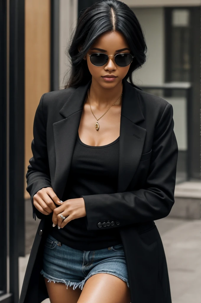 A woman with casual mafia look black human real