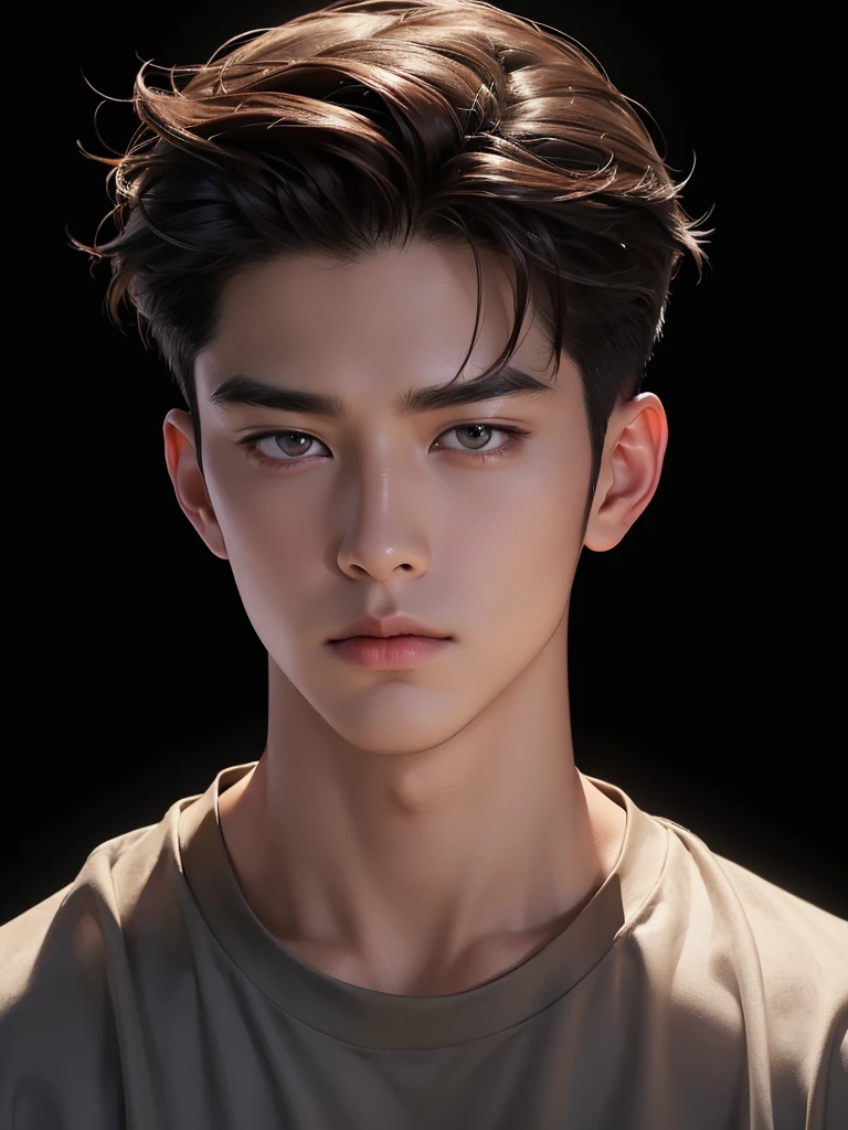 ((best quality, 8K, masterpiece: 1.3)), (sharp focus: 1.2), Korean Men, matchless, brown hair, Temptation, Calm head, black shirt, black background, White skin, natural expression, looking down, Asian face, sporty, Diverse compositions