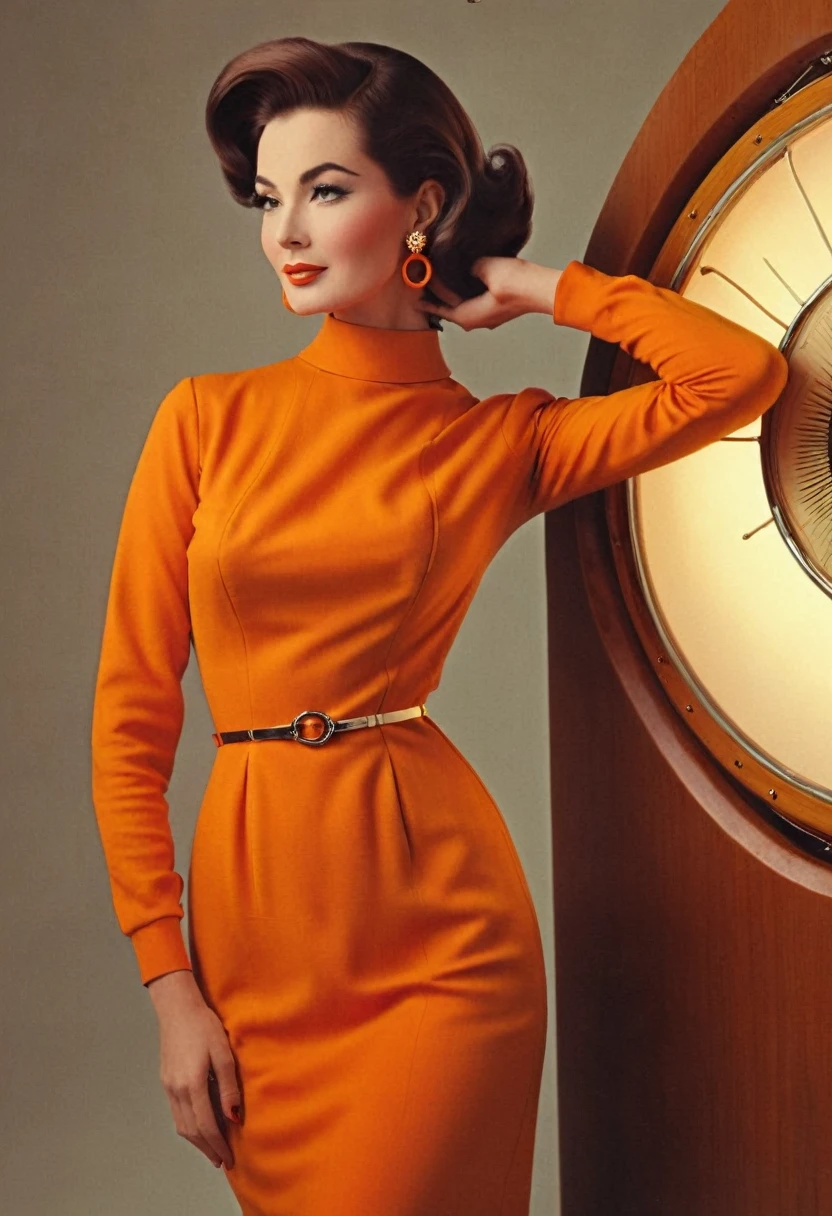 Fashion cinematic photo of ONE SOLO woman embrace the elegance of the 60s with a fitted orange dress featuring a high neckline and long sleeves. Style your hair in a vintage and hoop earrings for a touch of glamour. Vintage Glamour, in style of Gil Elvgren