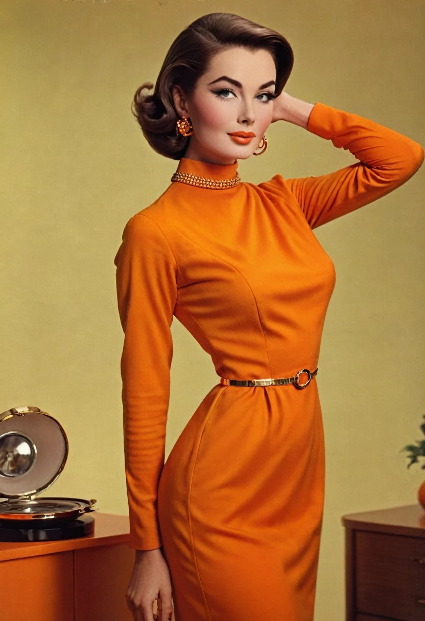 Fashion cinematic photo of ONE SOLO woman embrace the elegance of the 60s with a fitted orange dress featuring a high neckline and long sleeves. Style your hair in a vintage and hoop earrings for a touch of glamour. Vintage Glamour, in style of Gil Elvgren