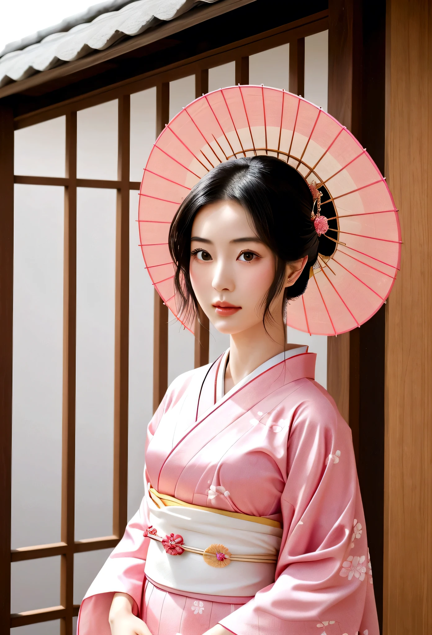 Beautifully dressed Japanese maiko,She is a very elegant and beautiful 25-year-old woman..,Her Shimada hairstyle is beautifully displayed.,Pink traditional kimono